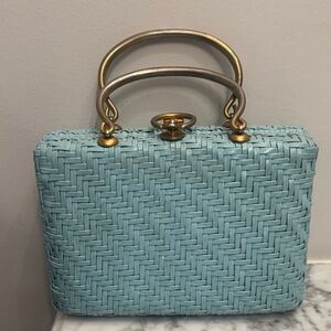 Vintage Wicker Woven Handbag in Light Blue with Gold Accents
